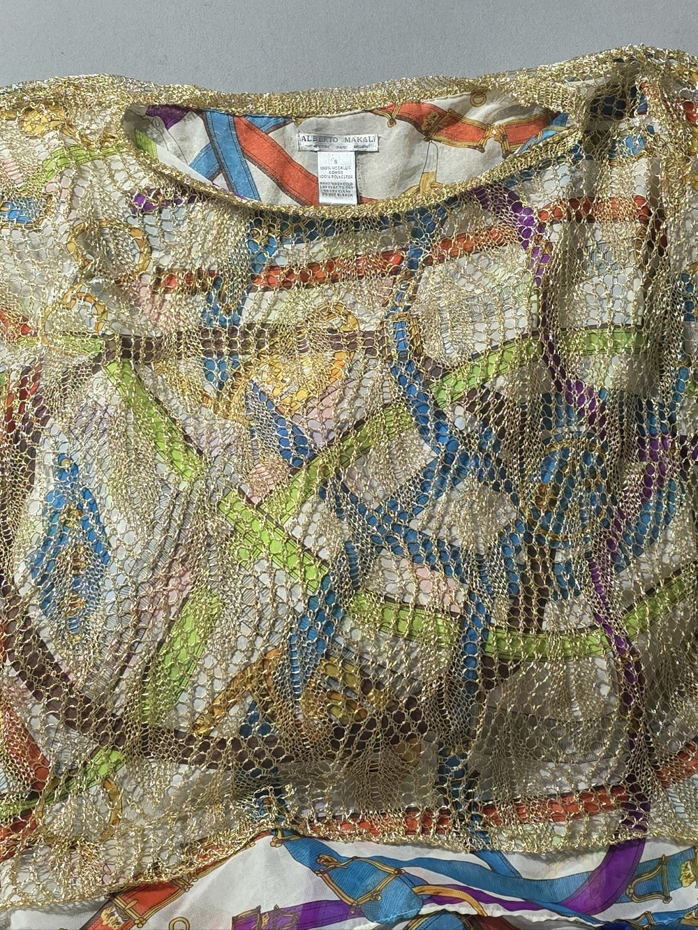 Alberto Makali Gold Mettalic Crochet Overlay Pattern Blouse Womens Small